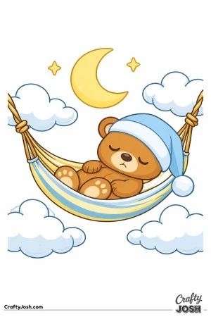 A sleepy teddy bear rests in a gently curved hammock suspended between two fluffy clouds with a crescent moon above
