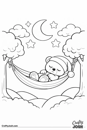 A sleepy teddy bear rests in a hammock tied between two rounded trees with a crescent moon, stars, clouds, and rolling hills around it