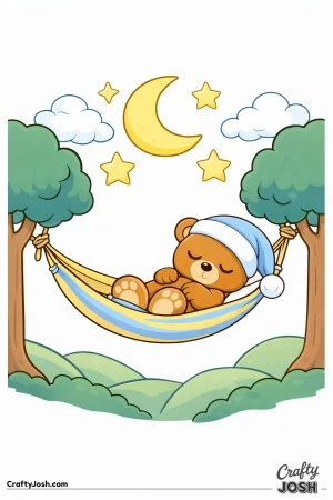 A sleepy teddy bear rests in a hammock tied between two rounded trees with a crescent moon, stars, clouds, and rolling hills around it