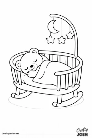 A sleepy teddy bear rests under a blanket inside a rounded rocking crib with a moon and star mobile hanging above