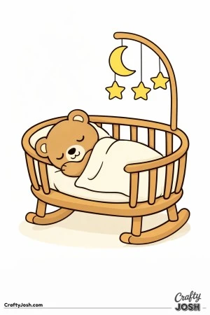 A sleepy teddy bear rests under a blanket inside a rounded rocking crib with a moon and star mobile hanging above