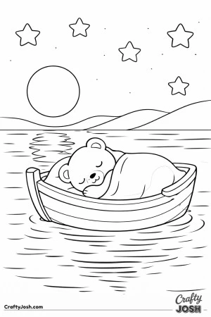 A sleepy teddy bear lies tucked under a blanket in a small rowboat floating on calm water beneath a large moon and stars