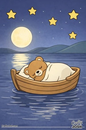 A sleepy teddy bear lies tucked under a blanket in a small rowboat floating on calm water beneath a large moon and stars