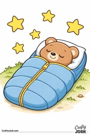 A sleepy teddy bear rests inside a large sleeping bag with its head on a pillow under five oversized stars
