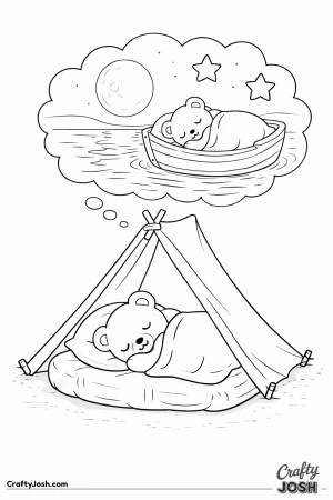 A sleepy teddy bear rests inside a simple tent while a dream cloud above shows the bear sailing in a small boat under a big moon and stars