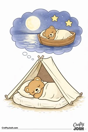 A sleepy teddy bear rests inside a simple tent while a dream cloud above shows the bear sailing in a small boat under a big moon and stars