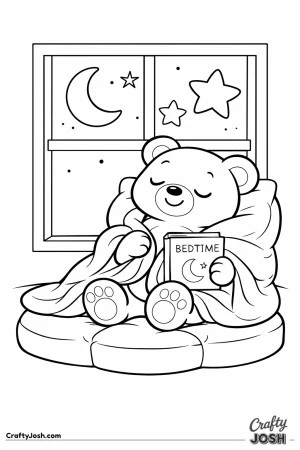 A sleepy teddy bear sits in a window seat holding a small bedtime book, with a crescent moon and two large stars visible outside the window