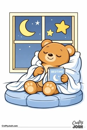 A sleepy teddy bear sits in a window seat holding a small bedtime book, with a crescent moon and two large stars visible outside the window