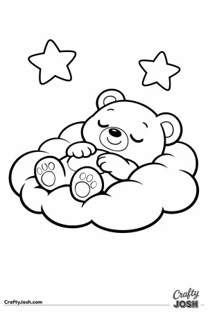 A sleepy teddy bear lies on its back on a large fluffy cloud with two simple stars above