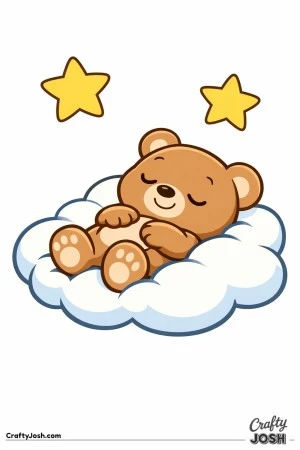 A sleepy teddy bear lies on its back on a large fluffy cloud with two simple stars above