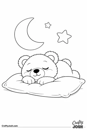 A sleepy teddy bear lies on its tummy with its chin resting on its paws on a large pillow beneath a crescent moon