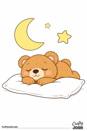 A sleepy teddy bear lies on its tummy with its chin resting on its paws on a large pillow beneath a crescent moon
