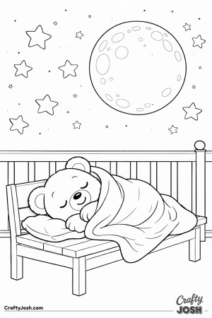 A sleepy teddy bear curls up on a simple balcony bench with a blanket around its shoulders beneath a large moon and oversized stars
