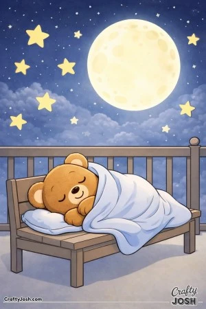 A sleepy teddy bear curls up on a simple balcony bench with a blanket around its shoulders beneath a large moon and oversized stars