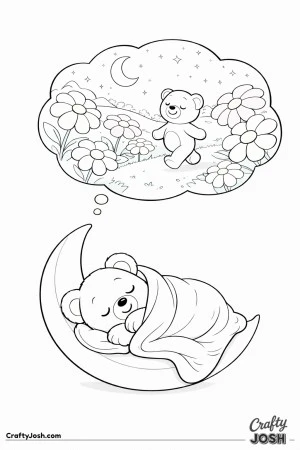 A sleepy teddy bear curls up on a crescent moon while a large dream bubble above shows the bear walking through a gentle garden of giant flowers ..