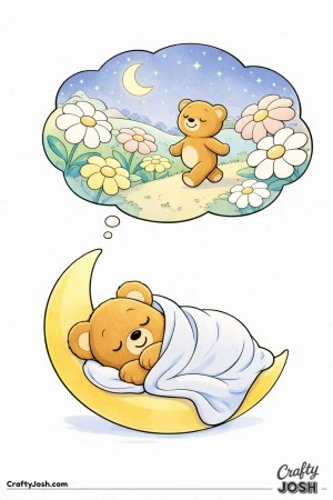 A sleepy teddy bear curls up on a crescent moon while a large dream bubble above shows the bear walking through a gentle garden of giant flowers ..