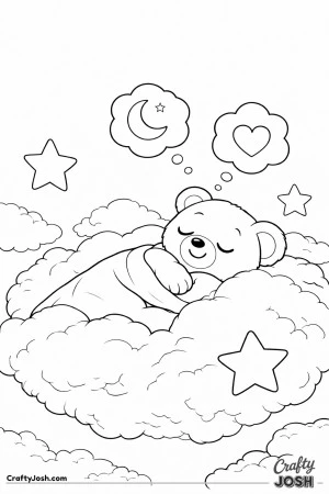 A sleepy teddy bear rests on a large fluffy dream cloud with oversized clouds, stars, and two dream bubbles showing a moon and a heart above