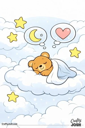 A sleepy teddy bear rests on a large fluffy dream cloud with oversized clouds, stars, and two dream bubbles showing a moon and a heart above