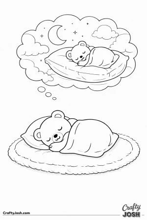 A sleepy teddy bear rests on a soft oval rug while a dream cloud above shows the bear floating on a giant pillow among clouds and a crescent moon