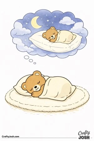 A sleepy teddy bear rests on a soft oval rug while a dream cloud above shows the bear floating on a giant pillow among clouds and a crescent moon