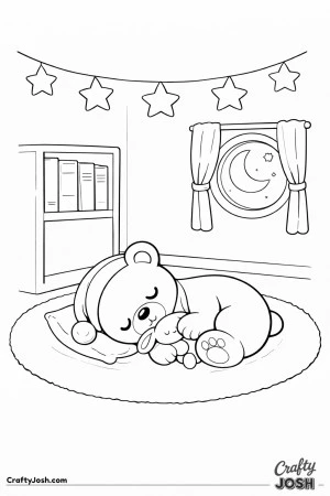 A sleepy teddy bear lies on a round rug cuddling a plush toy in a cozy bedroom corner with a bookshelf, moon window, and hanging star garland