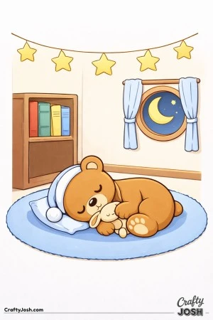 A sleepy teddy bear lies on a round rug cuddling a plush toy in a cozy bedroom corner with a bookshelf, moon window, and hanging star garland