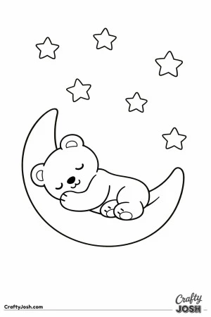 A sleepy teddy bear rests curled up on a crescent moon with five large stars spaced above
