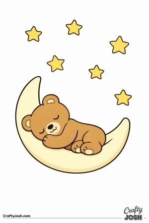 A sleepy teddy bear rests curled up on a crescent moon with five large stars spaced above
