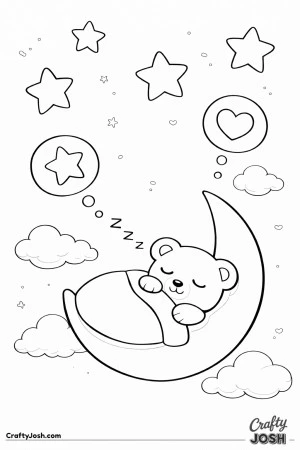 A sleepy teddy bear curls up on a large crescent moon while stars, clouds, and simple dream bubbles float above