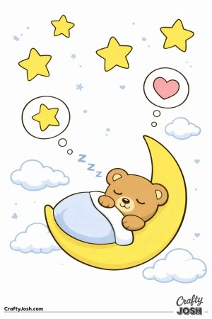 A sleepy teddy bear curls up on a large crescent moon while stars, clouds, and simple dream bubbles float above