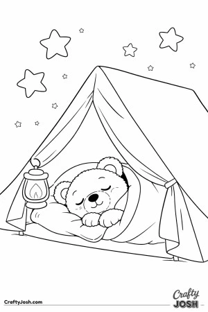 A sleepy teddy bear lies on a pillow inside a simple triangular tent with a lantern hanging near the opening and large stars above