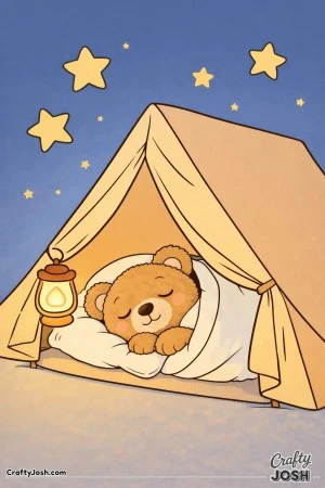 A sleepy teddy bear lies on a pillow inside a simple triangular tent with a lantern hanging near the opening and large stars above