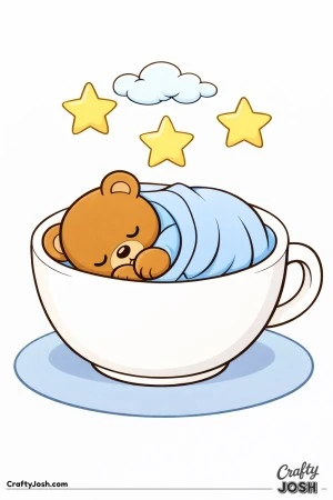 A sleepy teddy bear curls up inside a large teacup-shaped bed with a blanket tucked around it while stars and a cloud float above
