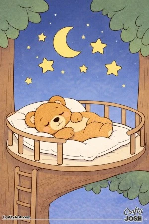 A sleepy teddy bear curls up on a large pillow inside a rounded treehouse platform with a ladder, framed by leaves and a moonlit sky full of stars
