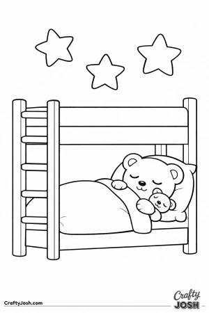 A sleepy teddy bear rests on the lower bunk of a simple bunk bed with a thick blanket pulled up while three large stars float above