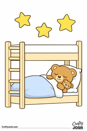 A sleepy teddy bear rests on the lower bunk of a simple bunk bed with a thick blanket pulled up while three large stars float above