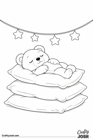 A sleepy teddy bear rests on a stack of three oversized pillows with its paws on its tummy and a simple star garland hanging above