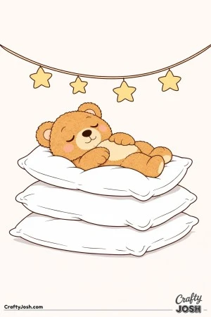 A sleepy teddy bear rests on a stack of three oversized pillows with its paws on its tummy and a simple star garland hanging above