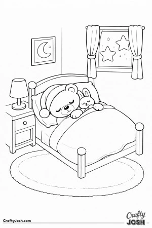 A sleepy teddy bear is tucked into bed beside a small plush bunny with a lamp, moon picture, and starry window in the room