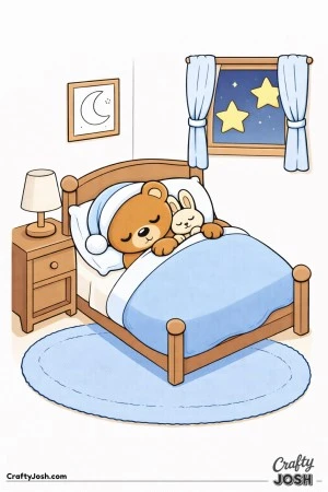 A sleepy teddy bear is tucked into bed beside a small plush bunny with a lamp, moon picture, and starry window in the room