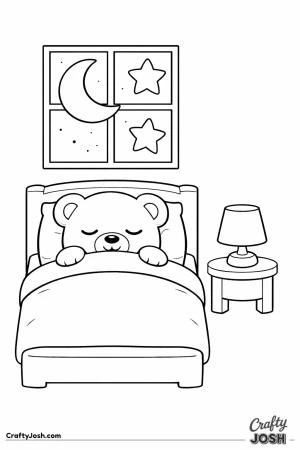 A sleepy teddy bear is tucked into a simple bed with a blanket pulled up while a moon and stars shine through the window above