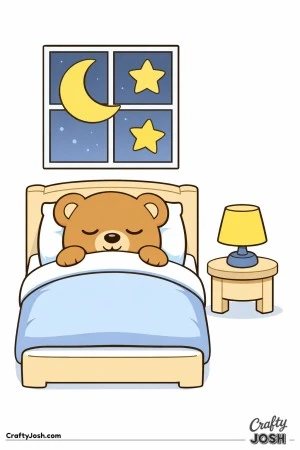 A sleepy teddy bear is tucked into a simple bed with a blanket pulled up while a moon and stars shine through the window above