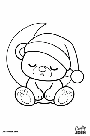 A sleepy teddy bear sits cross-legged wearing an oversized nightcap while a large moon rests behind it