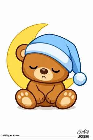 A sleepy teddy bear sits cross-legged wearing an oversized nightcap while a large moon rests behind it