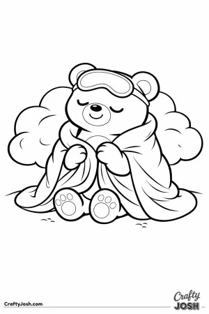 A sleepy teddy bear sits upright with a soft blanket around its shoulders and a sleep mask resting on its forehead, with one large cloud behind it