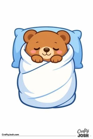 A sleepy teddy bear is wrapped snugly in a large blanket like a burrito, with only its head and paws showing and a big pillow behind it