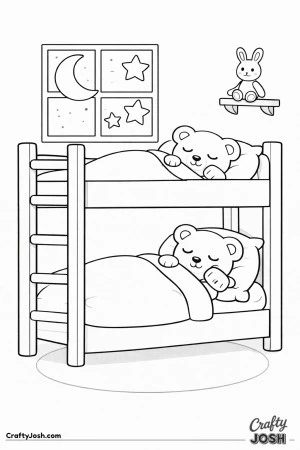 Two sleepy teddy bears rest in a simple bunk bed while a crescent moon and large stars shine through the window and a small shelf holds a plush toy