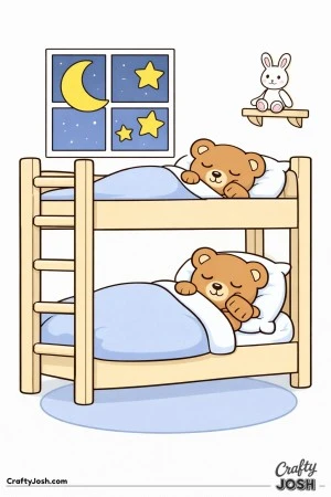 Two sleepy teddy bears rest in a simple bunk bed while a crescent moon and large stars shine through the window and a small shelf holds a plush toy