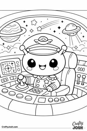 A smiling alien captain wearing a hat sits inside a spaceship cockpit surrounded by buttons, controls, and a space view outside the window