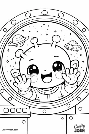 A cute alien child smiles happily while pressing their face and hands against a spaceship window, with planets, stars, and a small UFO visible outside